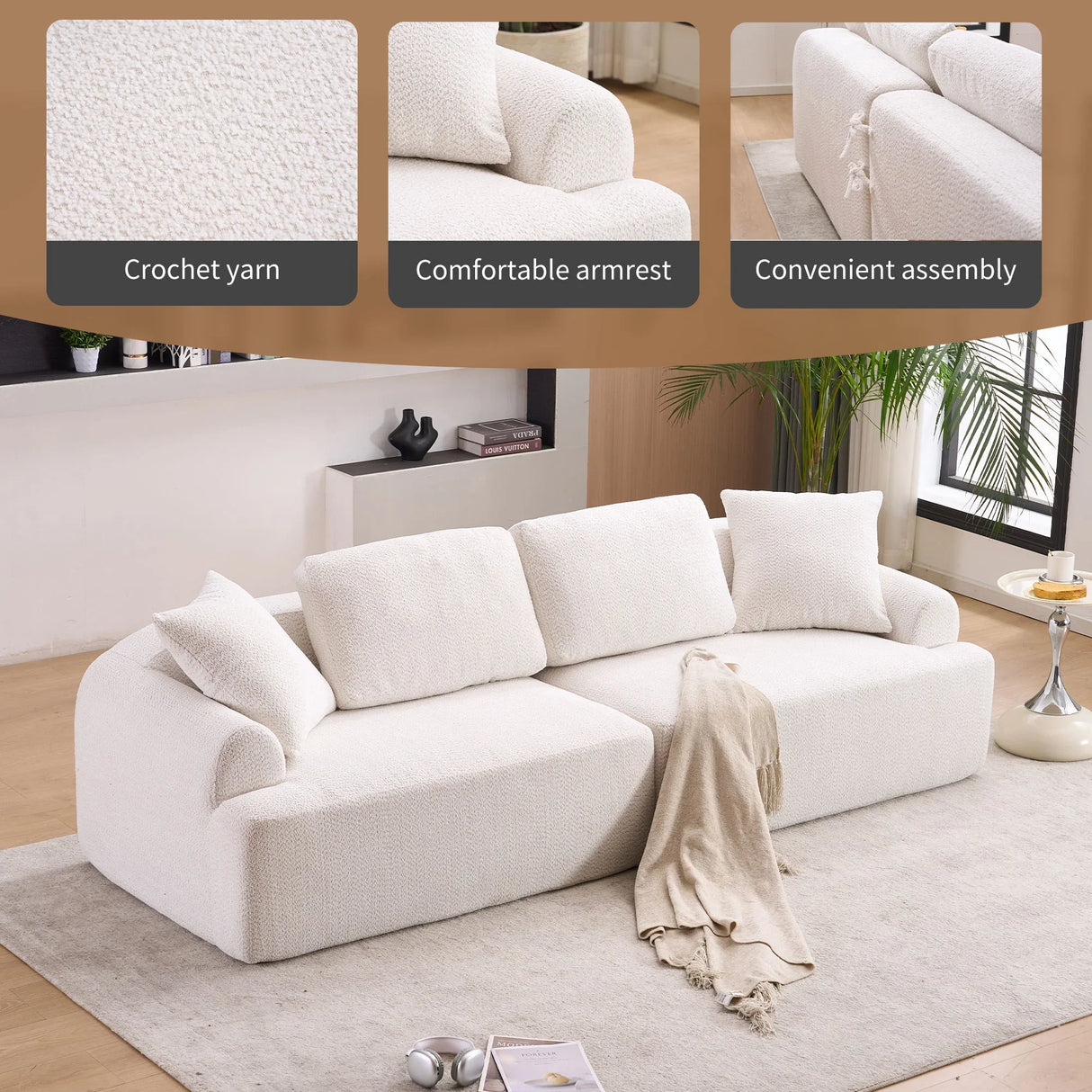 Compression Sofa: 4 Seater Combined Sofa, Crochet Yarn Fabric, Full Sponge Compression Sofa, Combined Sofa With 4 Pillows For Home Living / Home Furniture / Apartment - Beige - Furniture Home Direct
