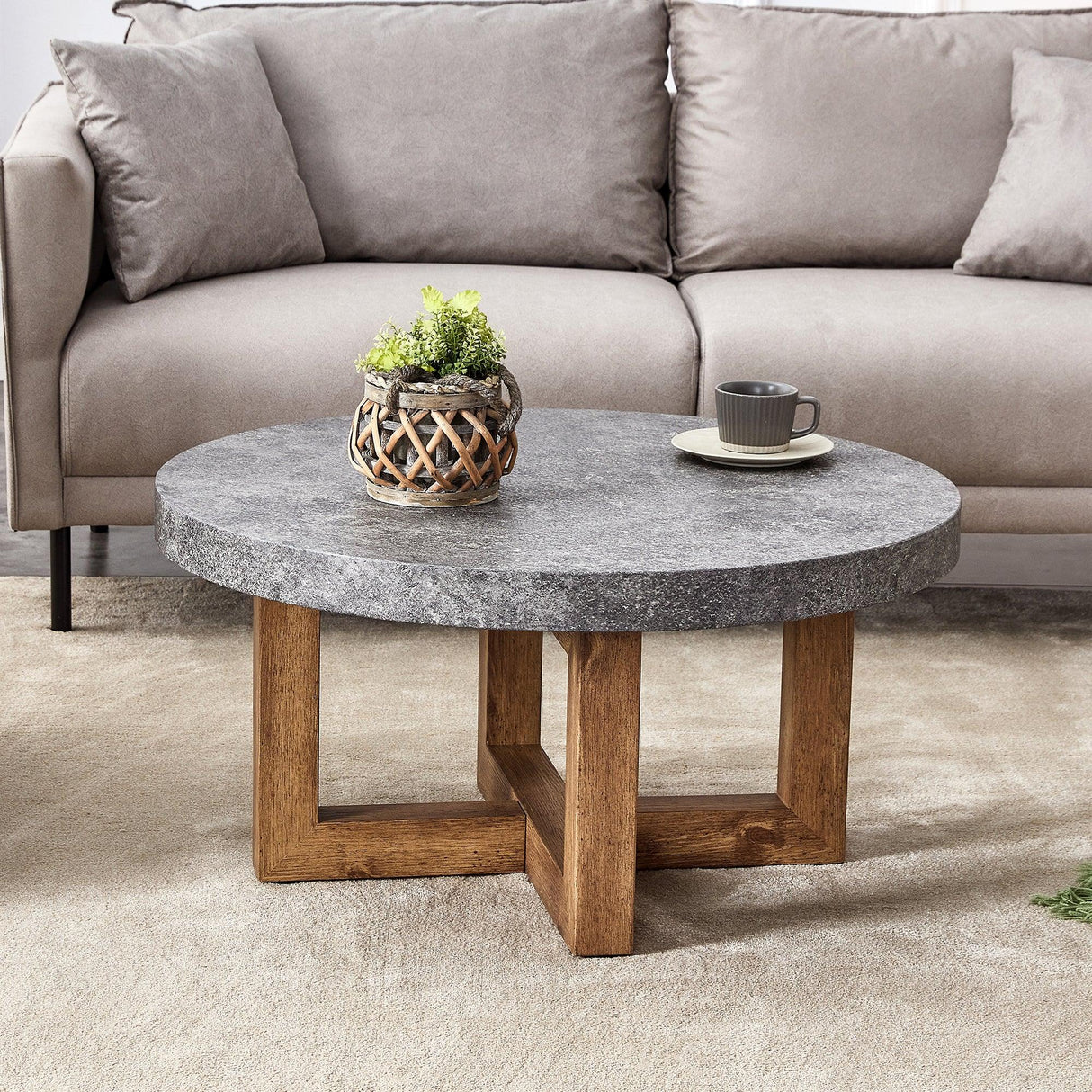 Coffee Table Round Stone Finish Wood Base Contemporary Gray - Furniture Home Direct