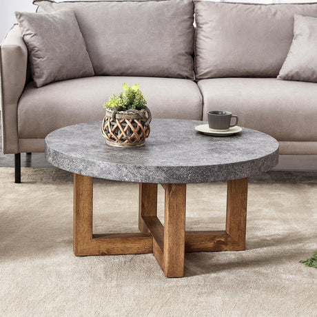 Coffee Table Round Stone Finish Wood Base Contemporary Gray - Furniture Home Direct