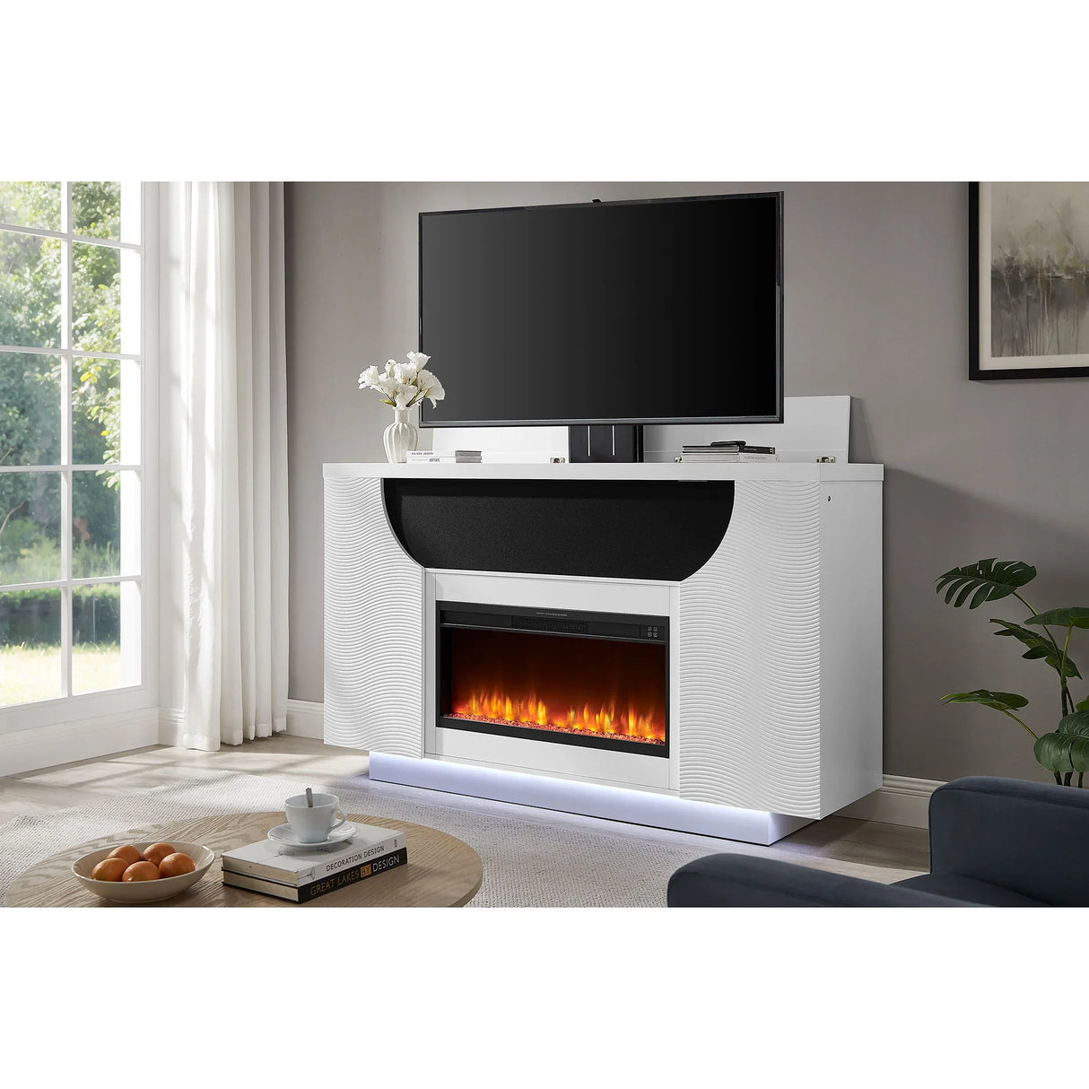 Aurora - Fireplace TV Lift With Adjustable Temperature And LED Colors - White - Furniture Home Direct