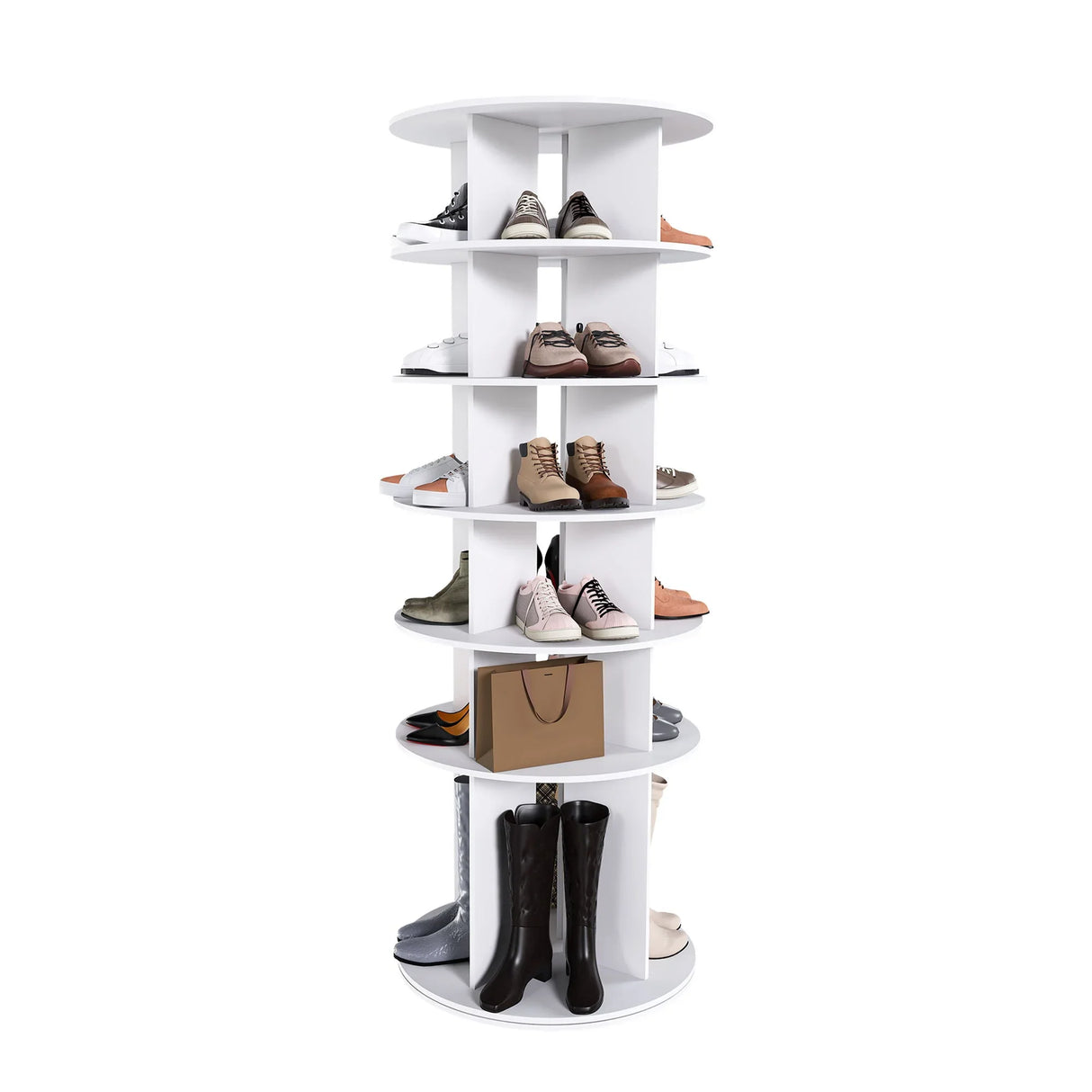 6 Tier Spinning Shoe Rack, Free Standing 360° Revolving Shoe Organizer - White - Furniture Home Direct