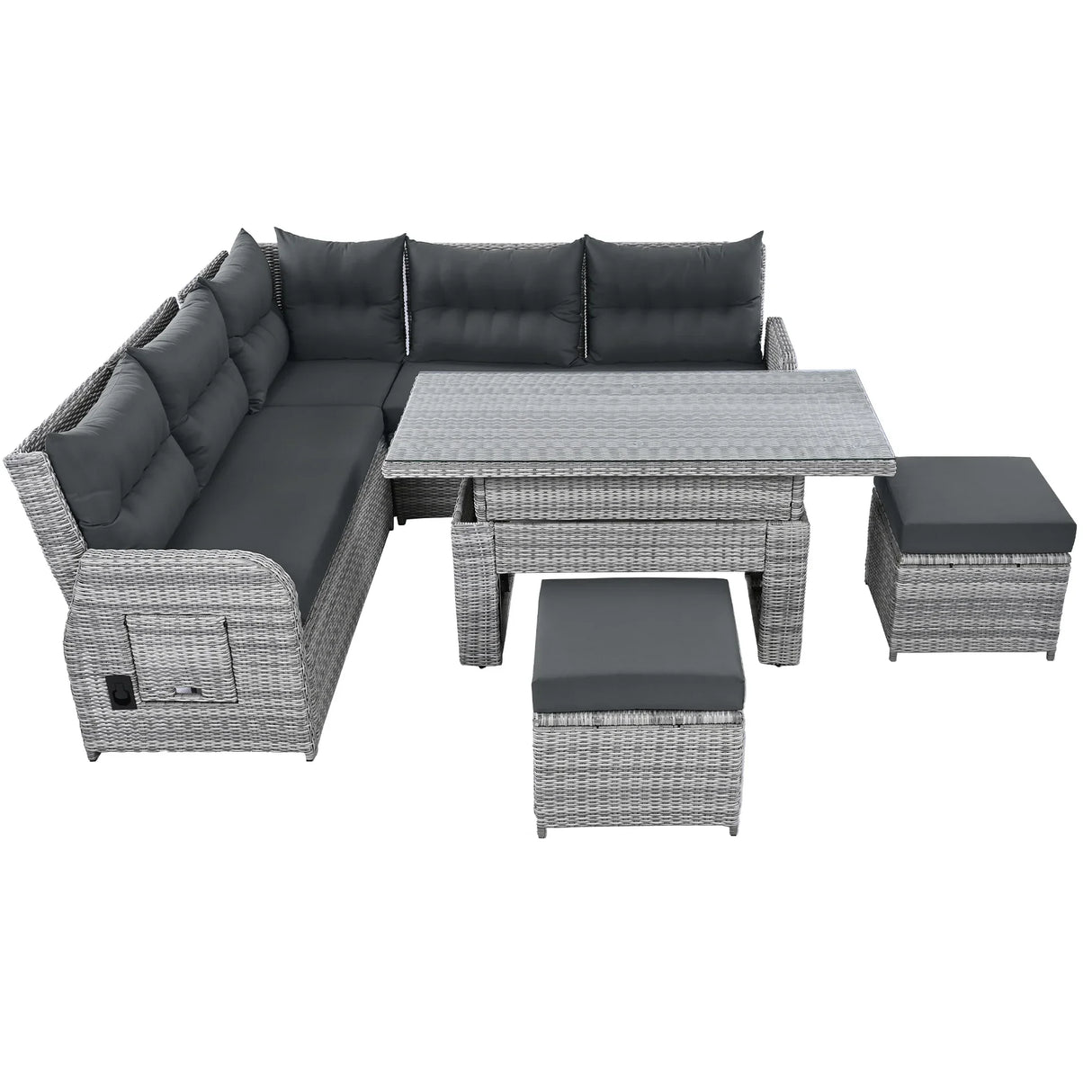 6 Piece Patio Set With An Adjustable Table, Recliners With Extendable Side Tables, And 2 Ottomans - Gray - Furniture Home Direct