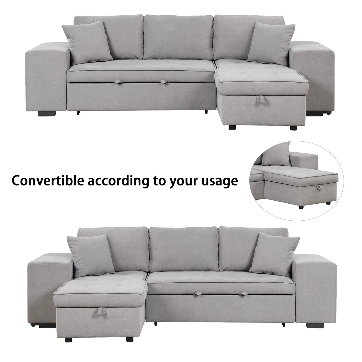 Pull Out Sleeper Sofa Reversible L-Shape 3 Seat Sectional Couch With Storage Chaise And 2 Stools For Living Room Furniture Set - Gray - Furniture Home Direct