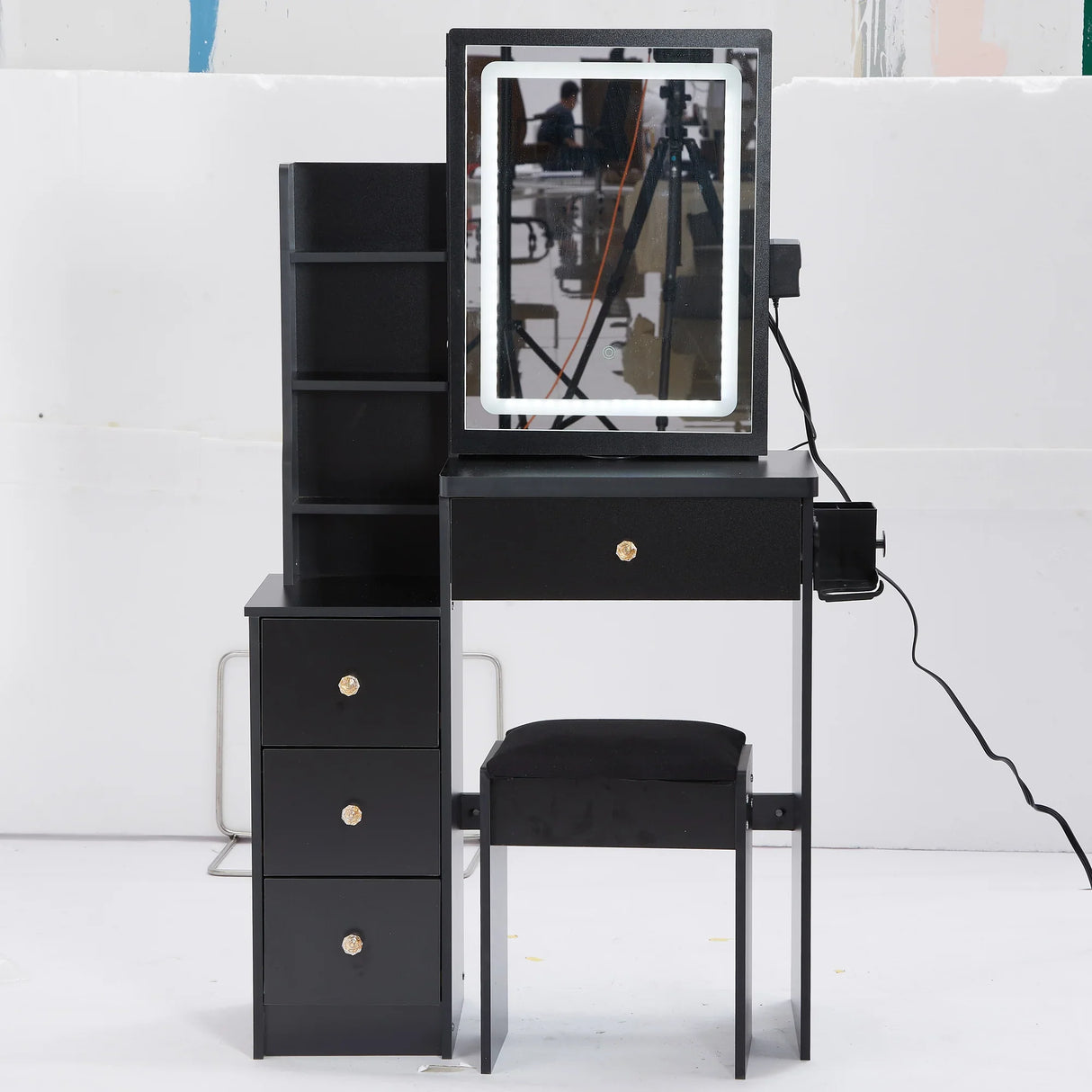 Vanity Desk With Cushioned Stool Lighted Mirror Black - Furniture Home Direct