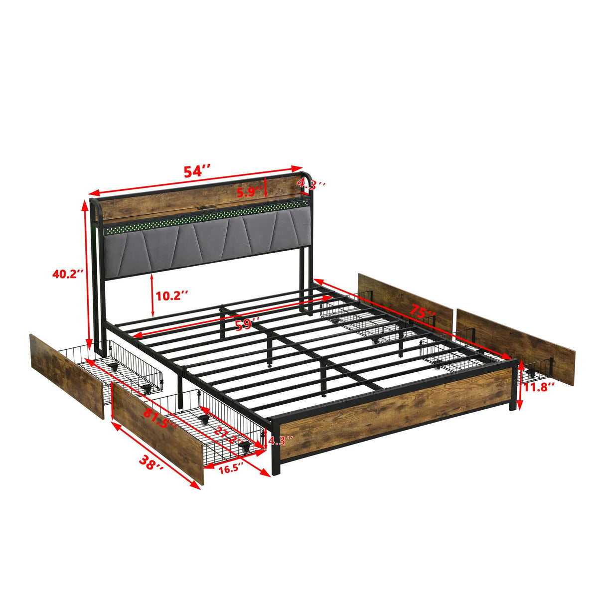 Contemporary Bed Frame With Storage Headboard, Charging Station, LED Lights - Furniture Home Direct