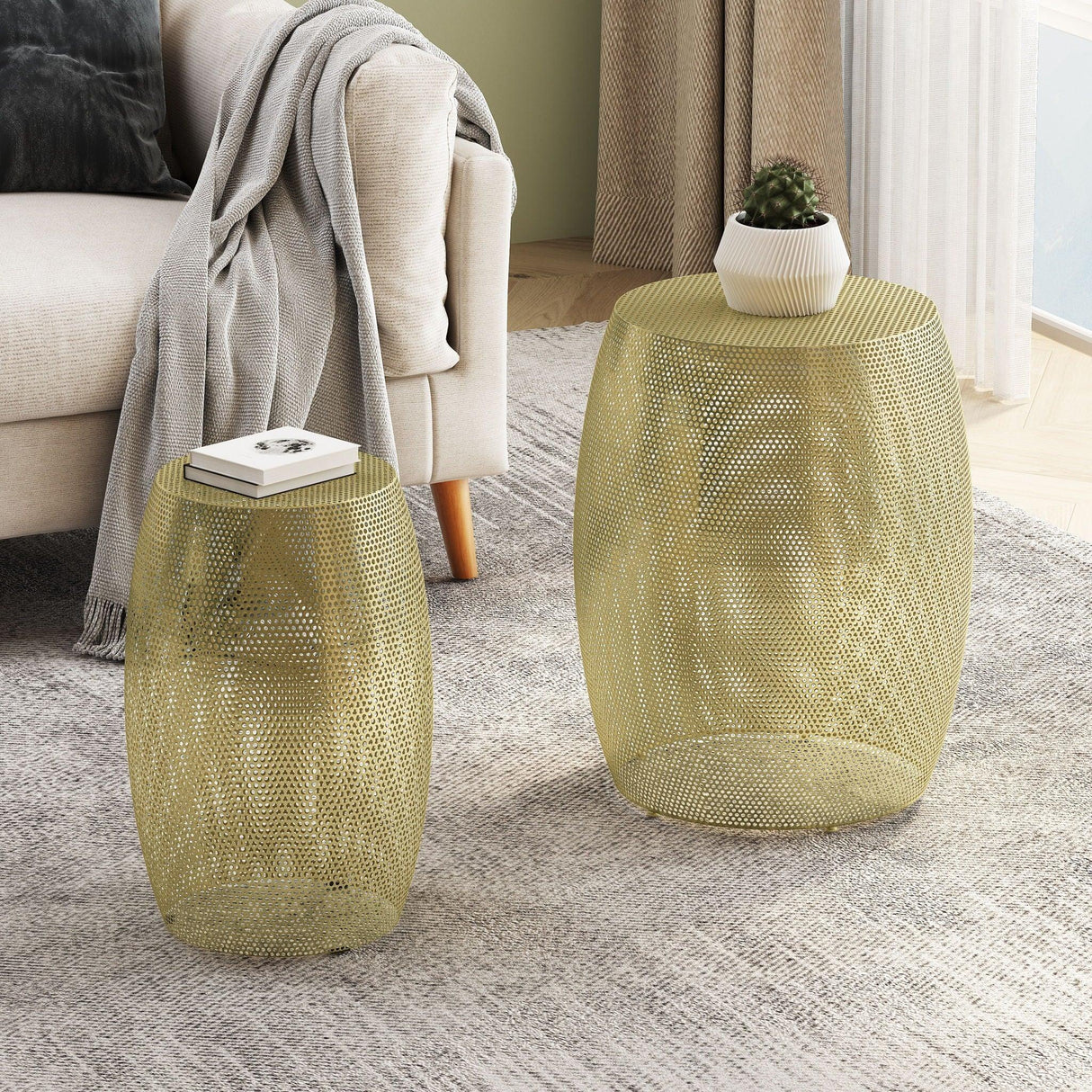 Modern Round Metal Hollow Side Table Set With Openwork Design - Gold