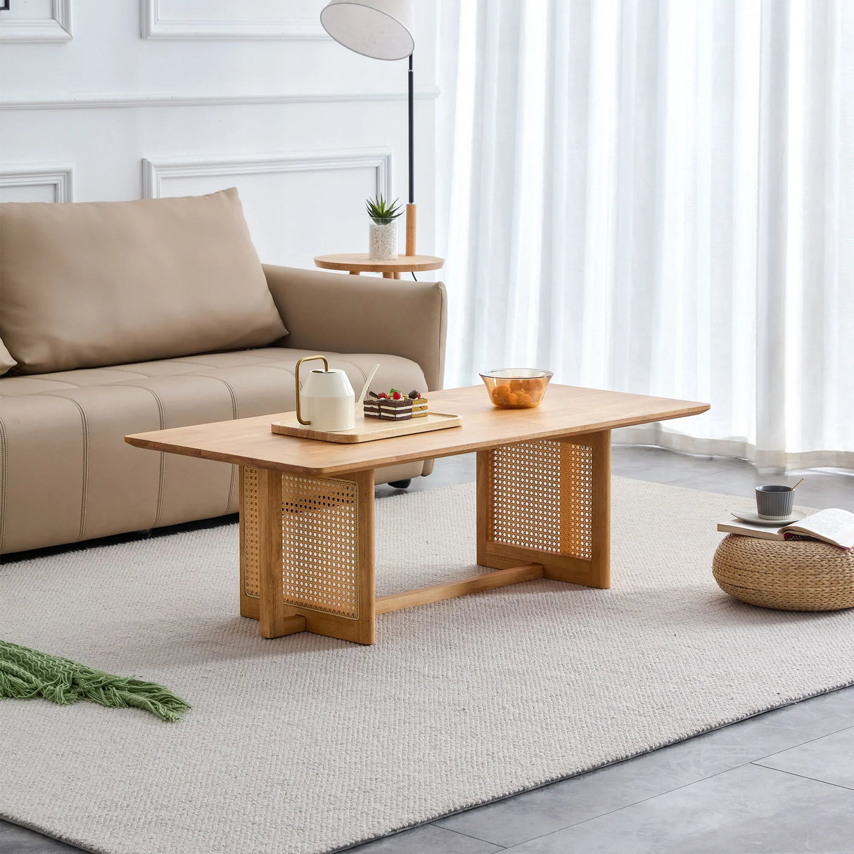 Chinese Style White Solid Wood And Imitation Rattan Coffee Table - Furniture Home Direct