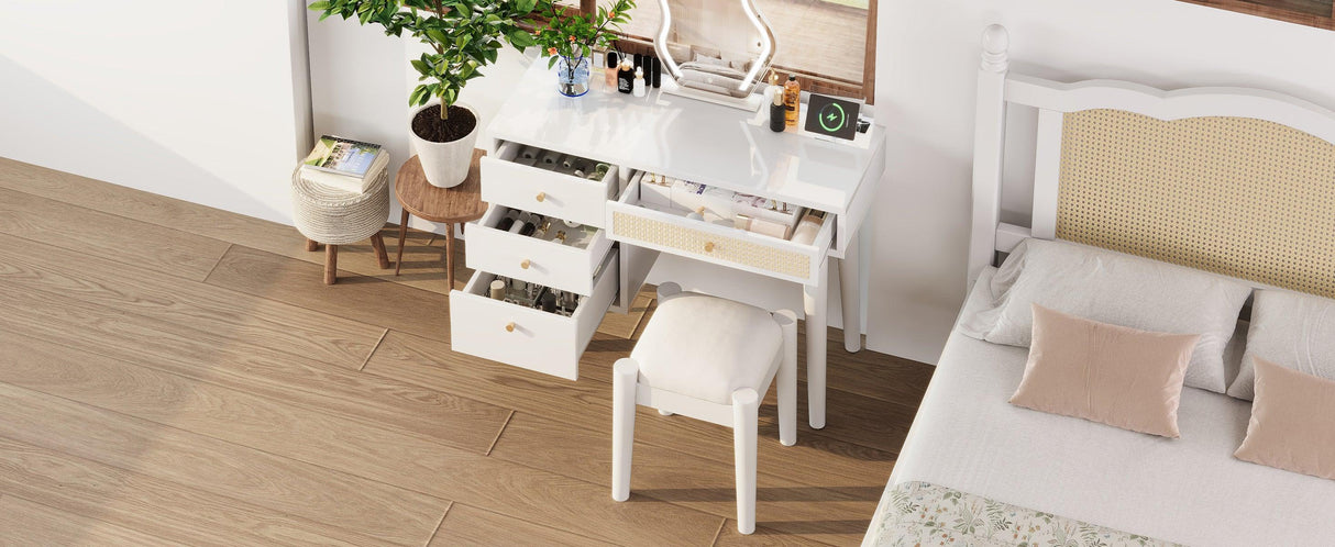Vanity Desk Bohemian Retro Wood Makeup Station White - Furniture Home Direct