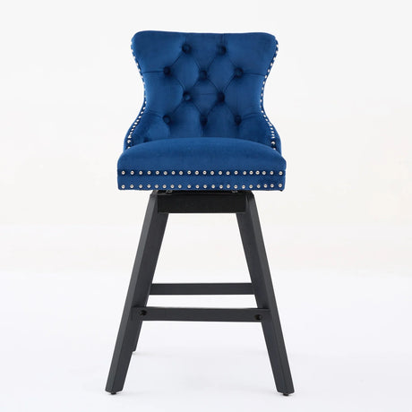 Bar Stools Swivel Velvet Tufted Nailhead Trim Set of 2 Blue - Furniture Home Direct
