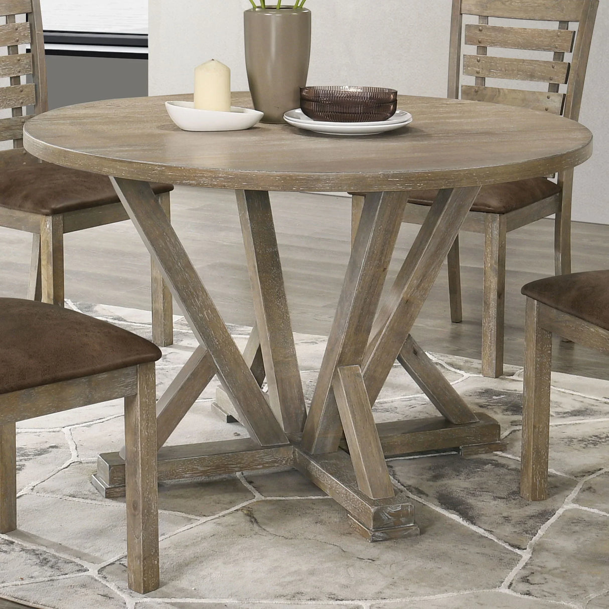 Modern Farmhouse Round Dining Table Solid Wood Rubberwood Antique Finishing Rustic Look Distressed Look Wire Brushed For 4 Seaters - Grayish Brown - Furniture Home Direct