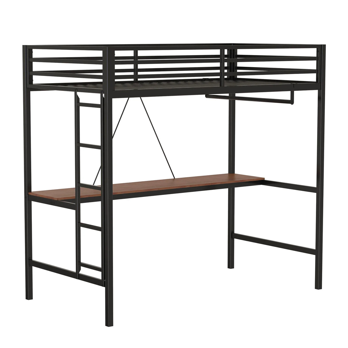 Adam - Twin Loft Bunk Bed With Cinnamon Wood Desk And Closet Rod - Black - Furniture Home Direct