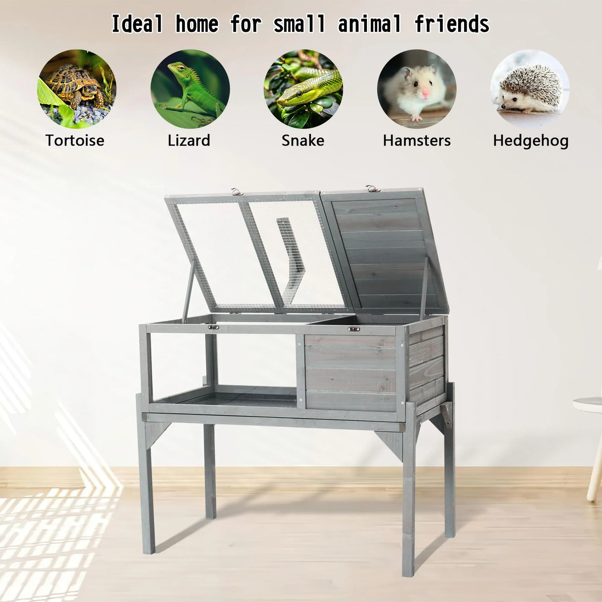 Tortoise Habitat Indoor & Outdoor Wooden Tortoise House With Detachable Legs Reptile Cage For Small Animals Non Leak Waterproof Tray - Gray - Furniture Home Direct