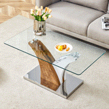 Coffee Table Glass Top With Wooden Base Modern Brown - Furniture Home Direct