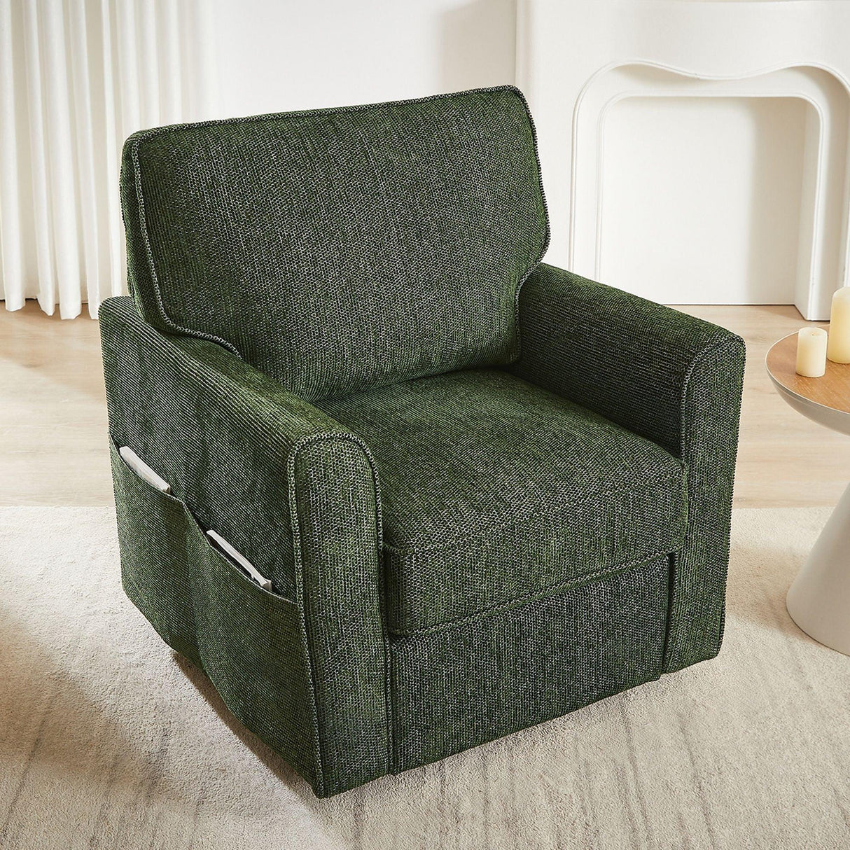 360° Swivel Accent Barrel Armchair With Side Pockets, Compact Design - Furniture Home Direct
