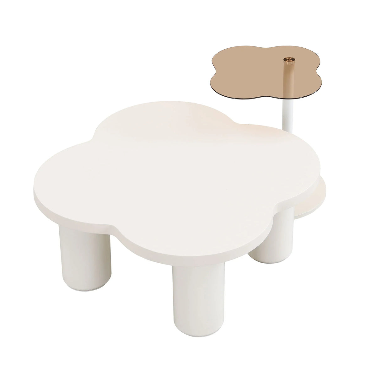 Modern Coffee Table (Set of 2), Irregular Shape Coffee Table With Four Roman Column Legs And End Table With Glass Top For Living Room - White - Furniture Home Direct