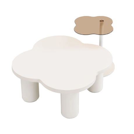 Modern Coffee Table (Set of 2), Irregular Shape Coffee Table With Four Roman Column Legs And End Table With Glass Top For Living Room - White - Furniture Home Direct