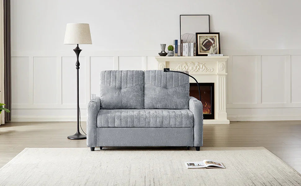 Sleeper Sofa With Adjustable Backrest, Two Cup Holders, Phone Holder, Three Charging Ports And Side Storage Pockets - Gray - Furniture Home Direct