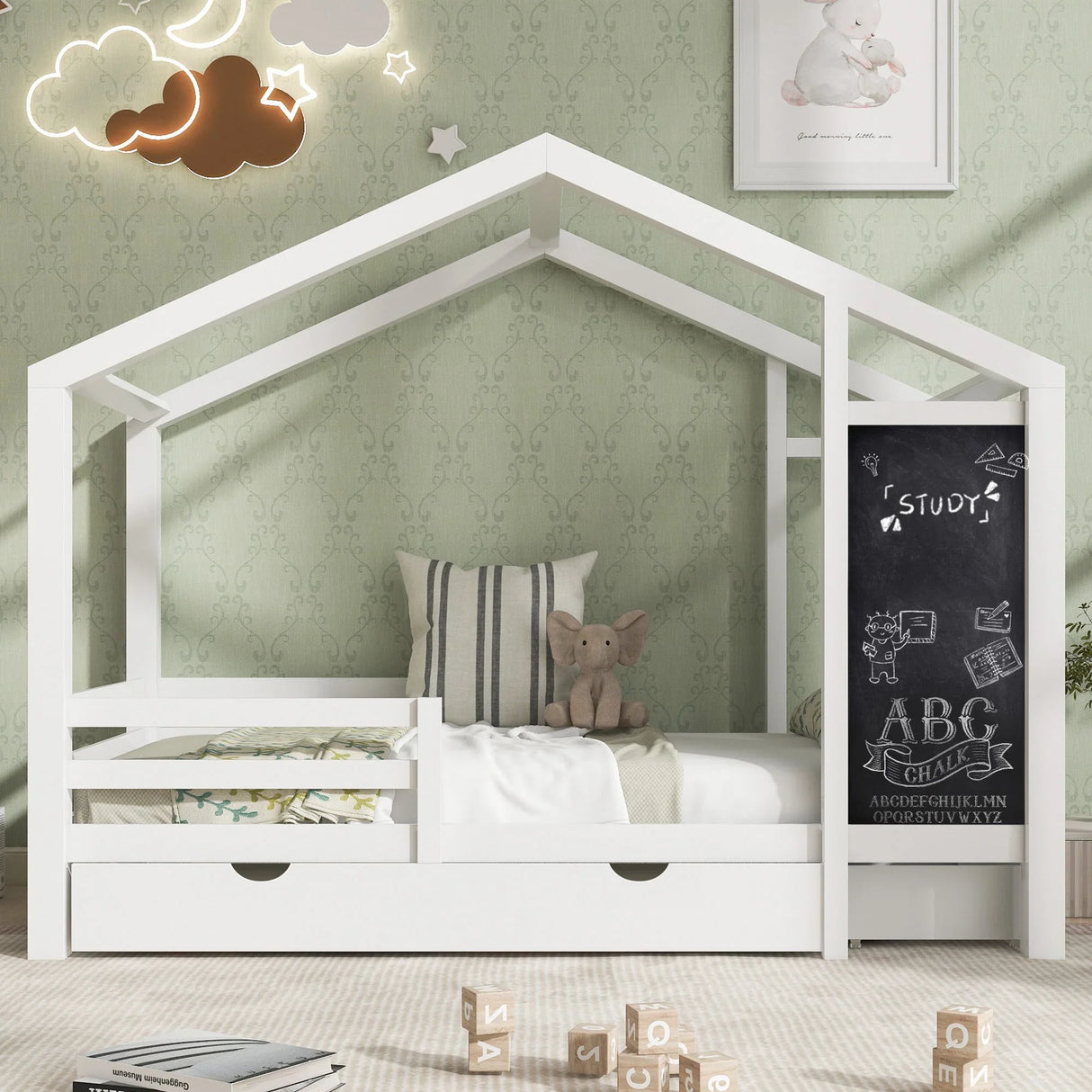 Twin House Bed With Blackboard And Drawers, 2 Assembly Options - White - Furniture Home Direct