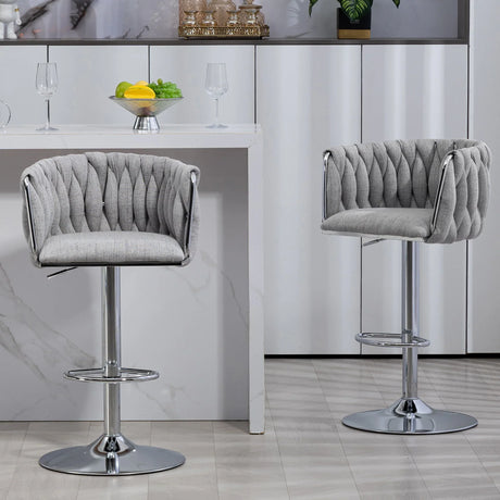 360 Degree Swivel Bar Stools Adjustable Counter Height Bar Chairs With Woven Back & Footrest, Silver Chromed Bar Stools For Kitchen Island (Set of 2) - Gray - Furniture Home Direct