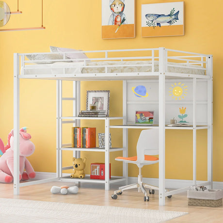 Metal Loft Bed With Desk, 3 Shelves And Ladder - Furniture Home Direct