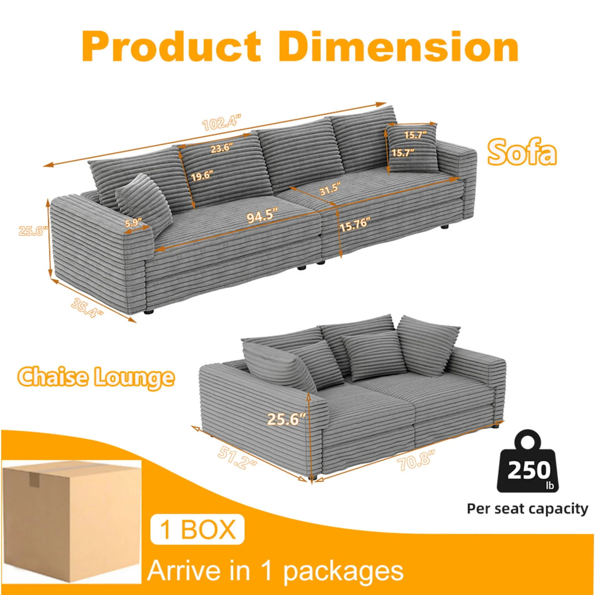 Plush Corduroy 4 Seat Sofa, Modern Comfy Upholstered Sofa Cloud Couch, Deep Seat Couches With Soft Pillows - Furniture Home Direct