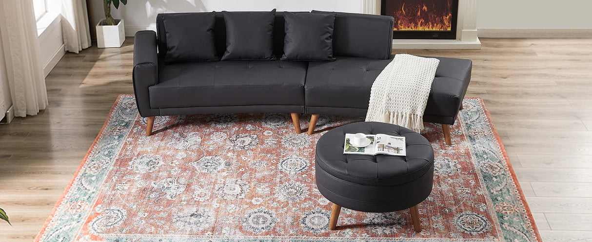 107 Inch Black Sectional With Round Storage Ottoman - Furniture Home Direct