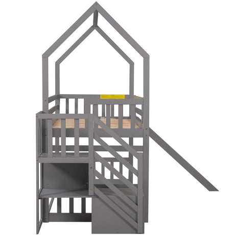 Twin Over Twin House Bunk Bed With Convertible Slide, Storage Staircase - Furniture Home Direct