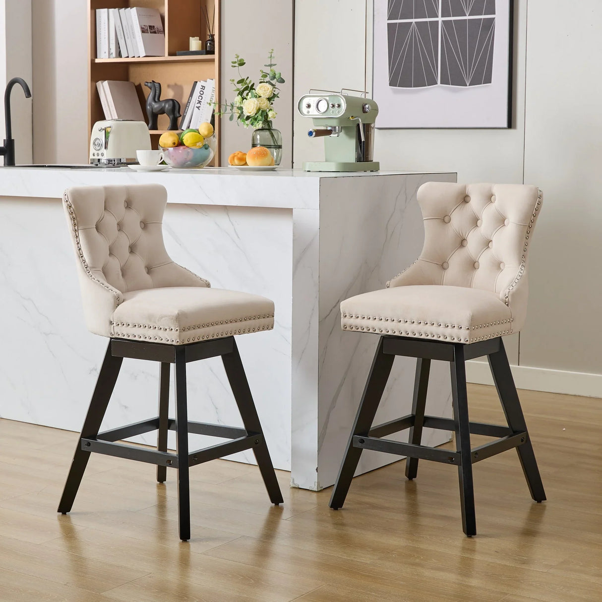 Bar Stools Counter Height Velvet Upholstered Set of 2 Beige - Furniture Home Direct