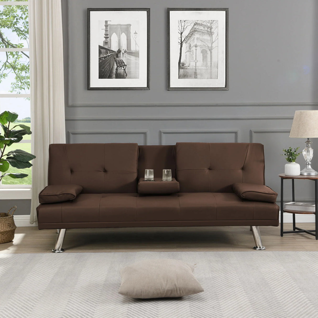 Futon Sofa Bed With Armrest Two Holders Wood Frame, Stainless Leg - Furniture Home Direct