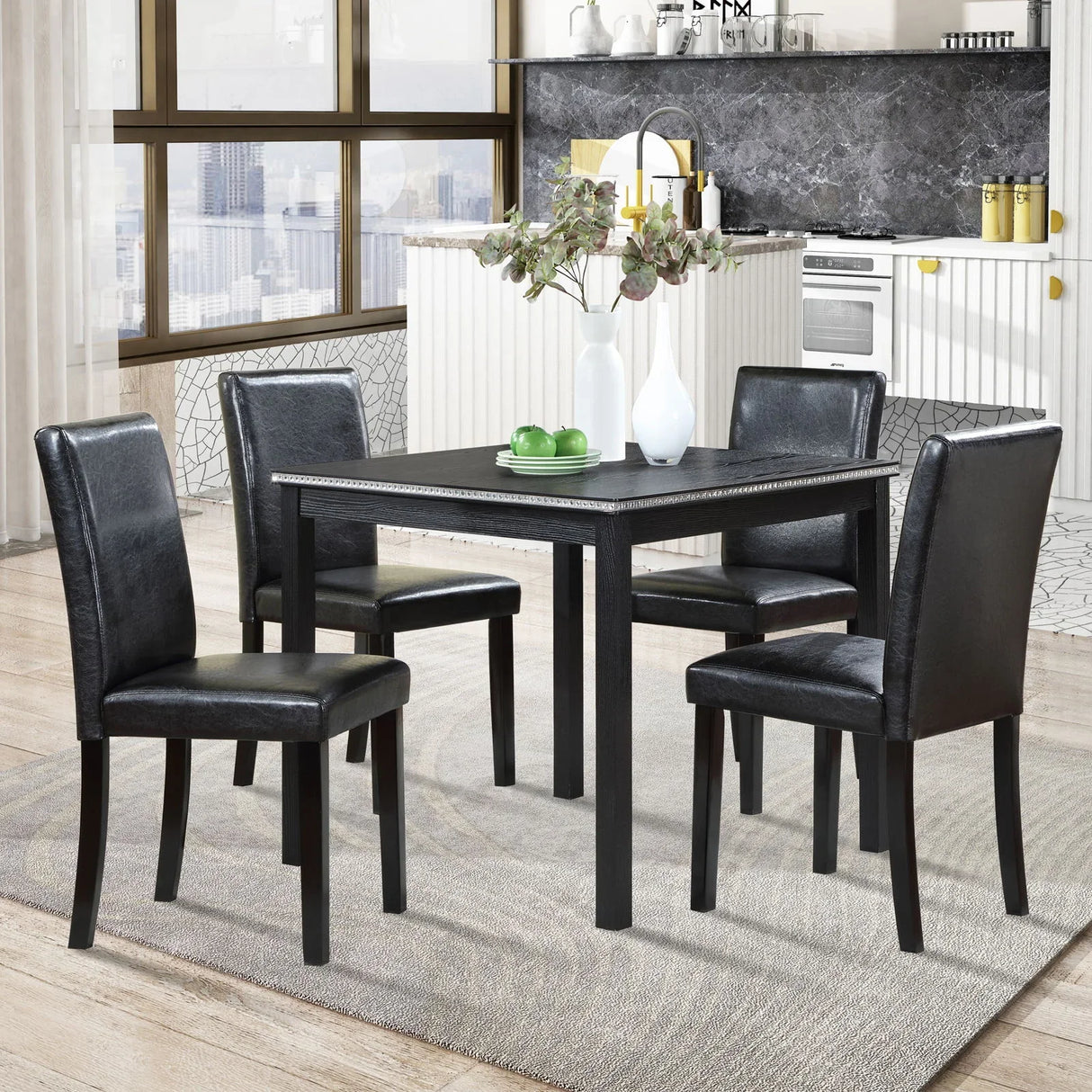 5 Pieces Wooden Dining Table Set, Square Table And 4 Upholstered Chairs - Furniture Home Direct