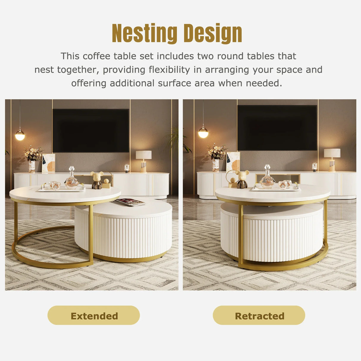 Round Nesting Coffee Table Fluted Drawer Gold and White - Furniture Home Direct