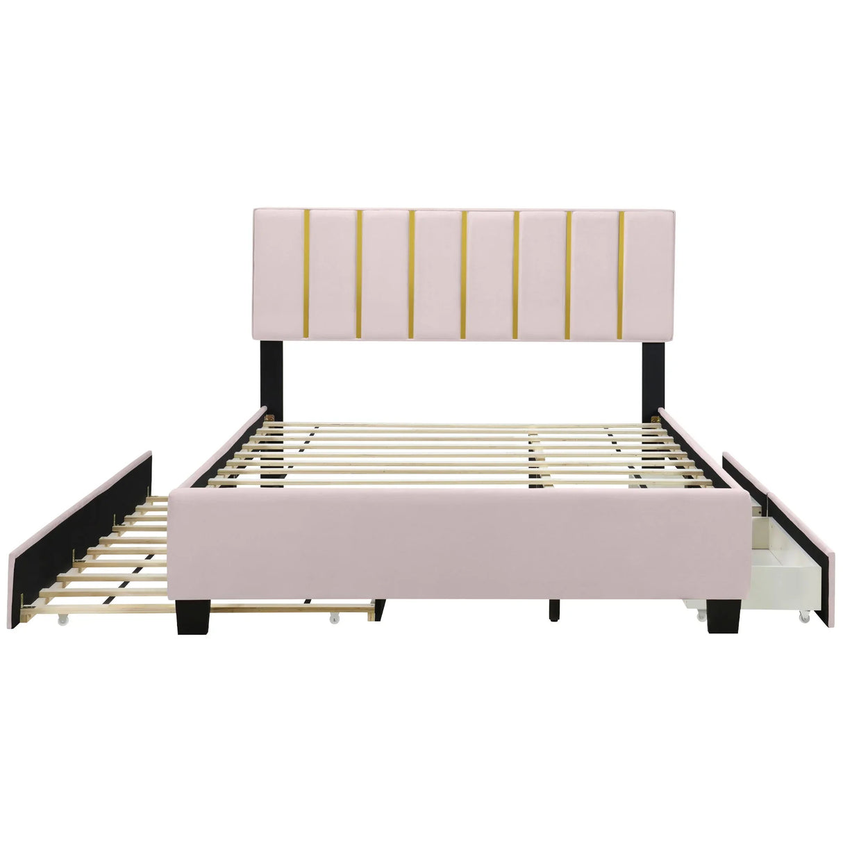 Upholstered Platform Bed With 2 Drawers And 1 Trundle, Classic Strip Headboard Design - Furniture Home Direct
