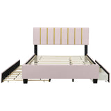 Upholstered Platform Bed With 2 Drawers And 1 Trundle, Classic Strip Headboard Design - Furniture Home Direct