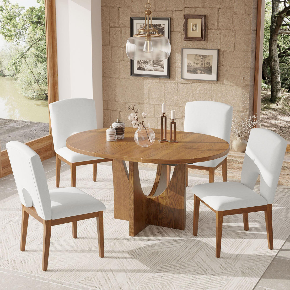 Topmax - 5 Piece Modern Extendable Round Dining Table Set With Removable Leaf For Small Places - Furniture Home Direct