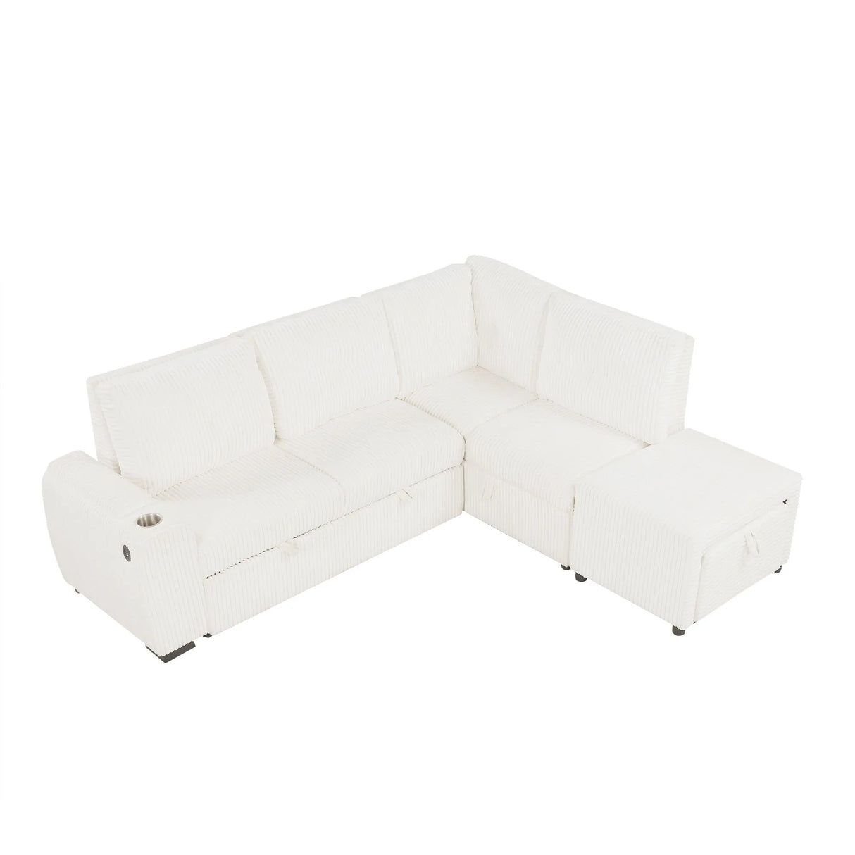 Pull-Out L-Shaped Sectional Sofa With Movable Ottoman And Stool, Large Storage Space, A Cup Holder, And 2 USB Ports For Living Room - Furniture Home Direct