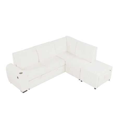 Pull-Out L-Shaped Sectional Sofa With Movable Ottoman And Stool, Large Storage Space, A Cup Holder, And 2 USB Ports For Living Room - Furniture Home Direct