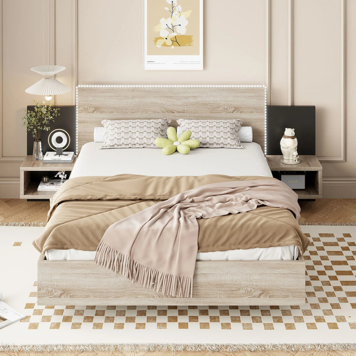 Floating Platform Bed, With LED Lights, Bedside Nightstand - Furniture Home Direct