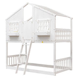 House Bunk Bed With Roof, Window, Window Box, Door, With Safety Guardrails And Ladder - Furniture Home Direct
