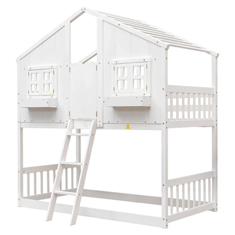House Bunk Bed With Roof, Window, Window Box, Door, With Safety Guardrails And Ladder - Furniture Home Direct