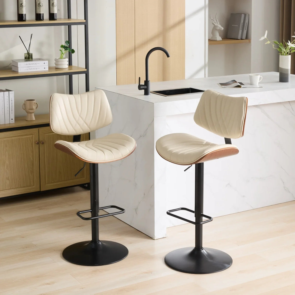 Counter Height Stool Adjustable PU Leather Swivel Beige - Furniture Home Direct