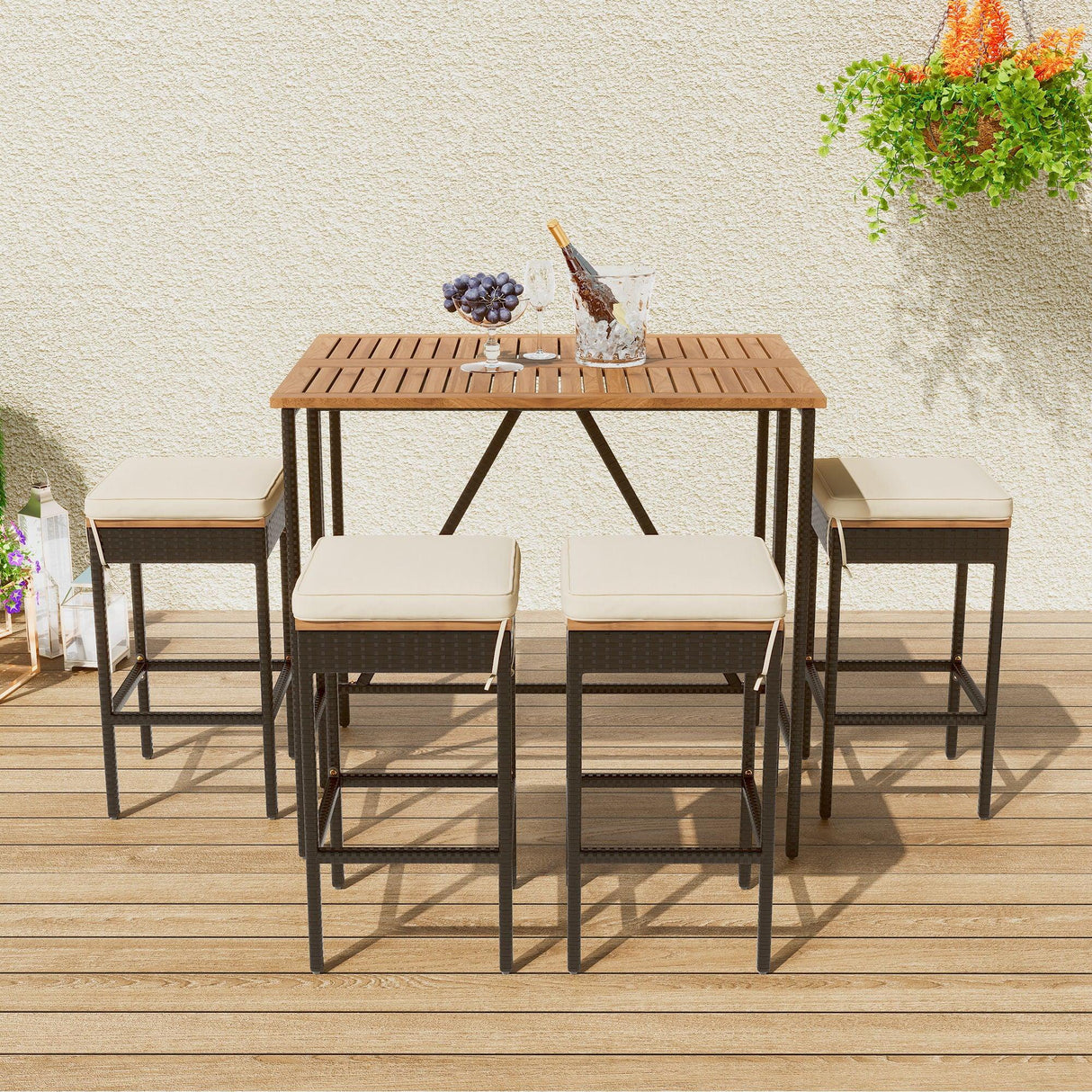 Outdoor Acacia Wood Bar Height Table And Eight Stools With Cushions - Furniture Home Direct