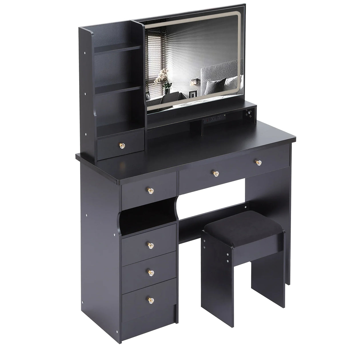 Vanity Desk With Cushioned Stool And Mirror Set Black - Furniture Home Direct