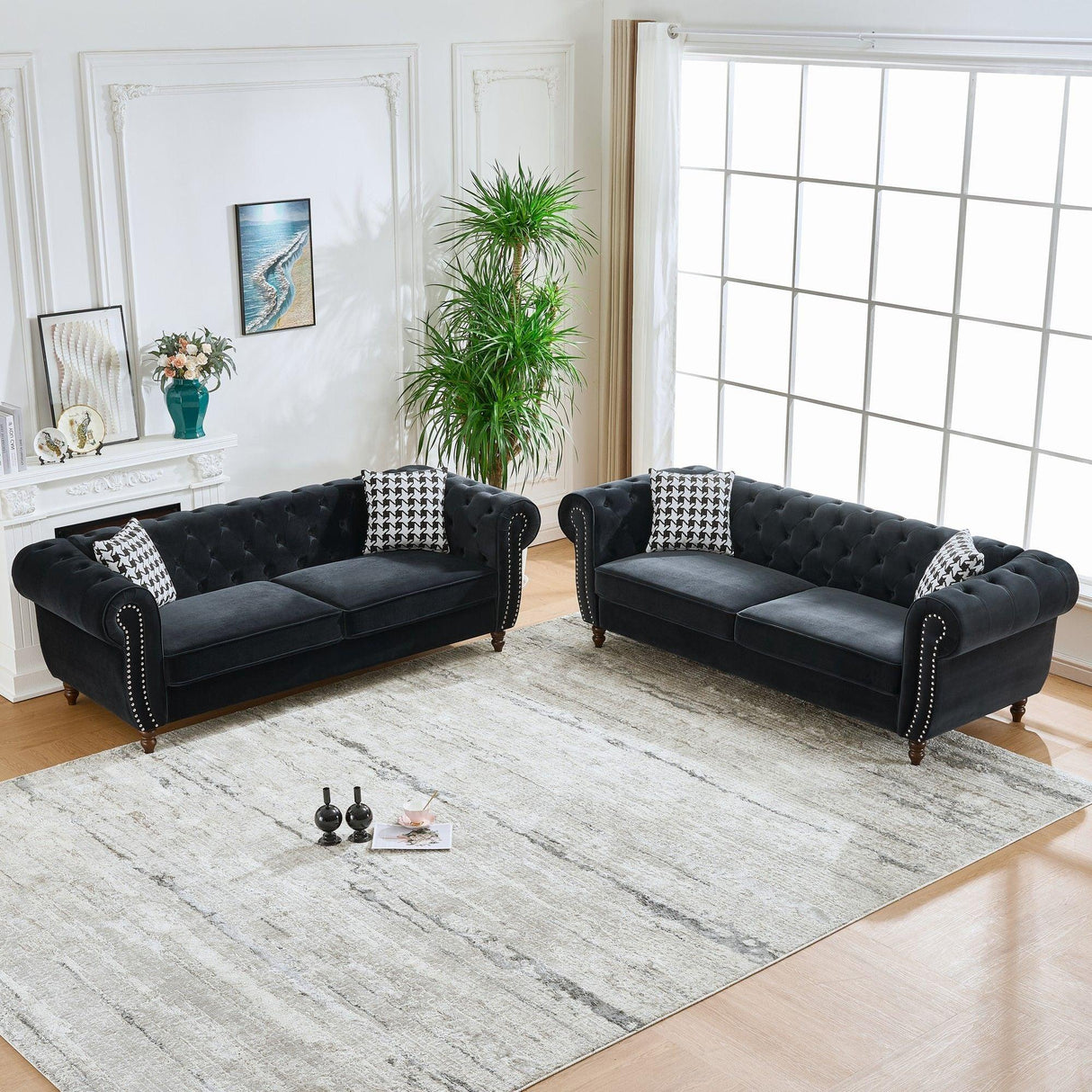Chesterfield Velvet Upholstery Fabric Sofa With Roll Armrest & Nailhead, Mid Century Modern 3 And 3 Seater Couch - Furniture Home Direct