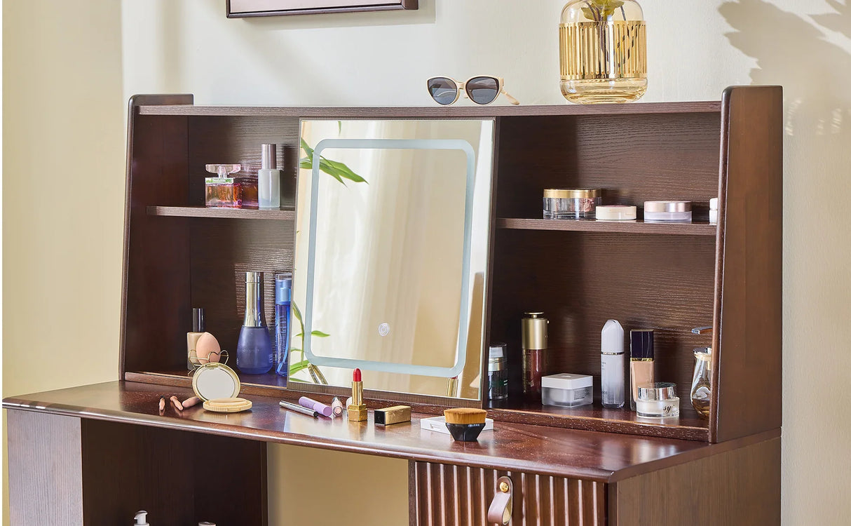 Vanity Desk With Hutch Mirror Storage And Drawers Walnut - Furniture Home Direct