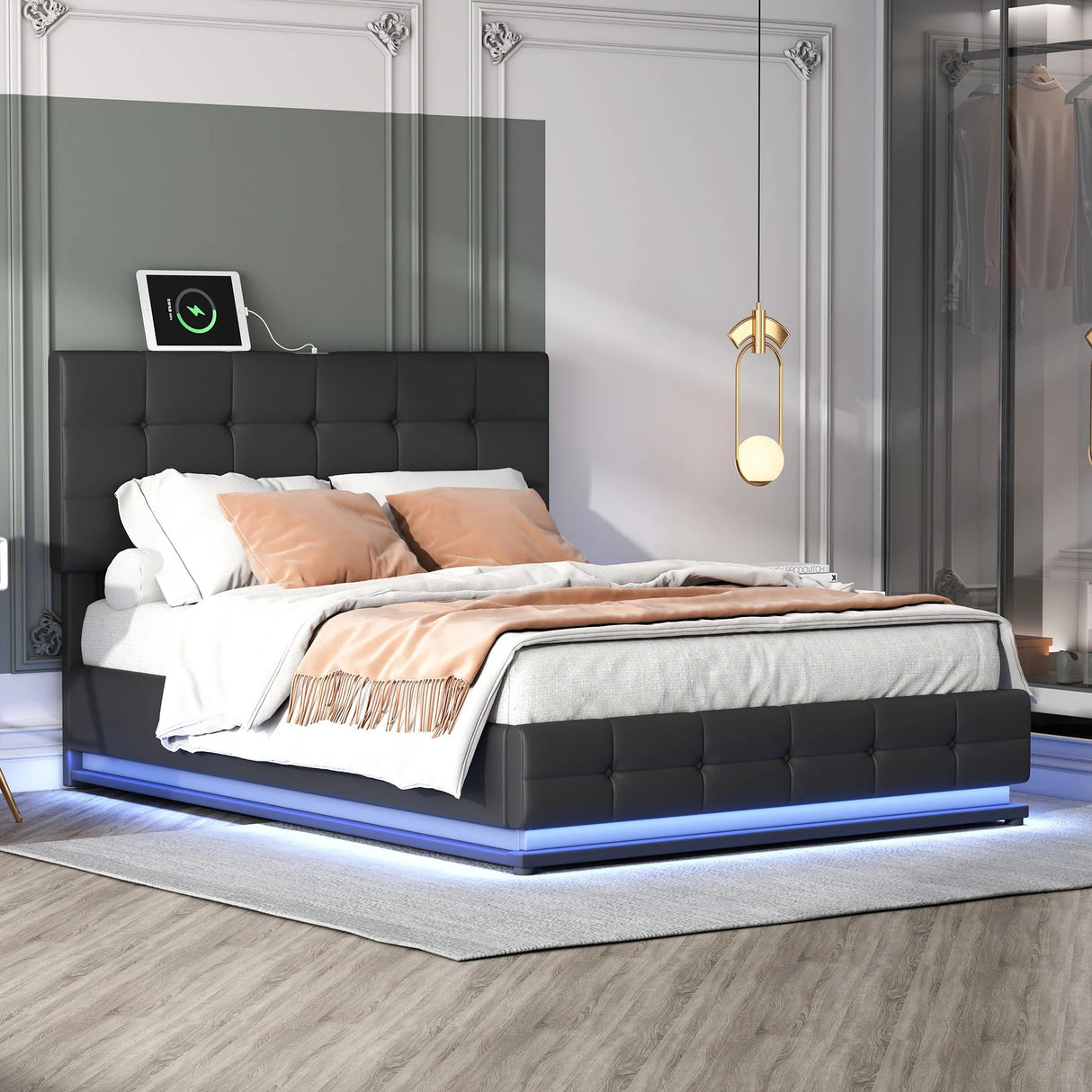 Queen Platform Bed Tufted Upholstered Storage Led Black - Furniture Home Direct