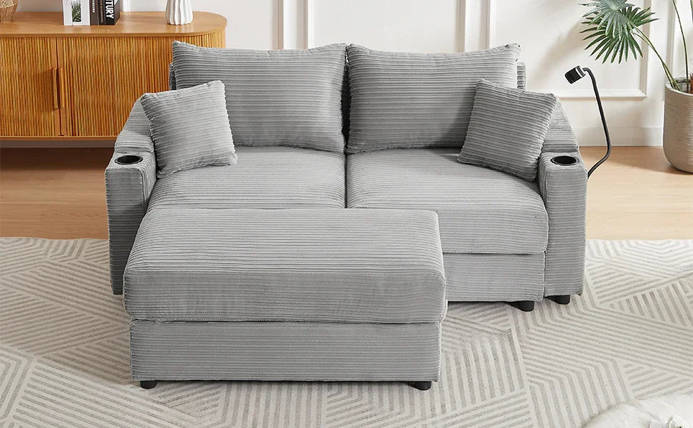 Modern Style Loveseat With Storage, Ottoman, Two USB Ports, Two Cup Holders and Phone Holder - Gray - Furniture Home Direct