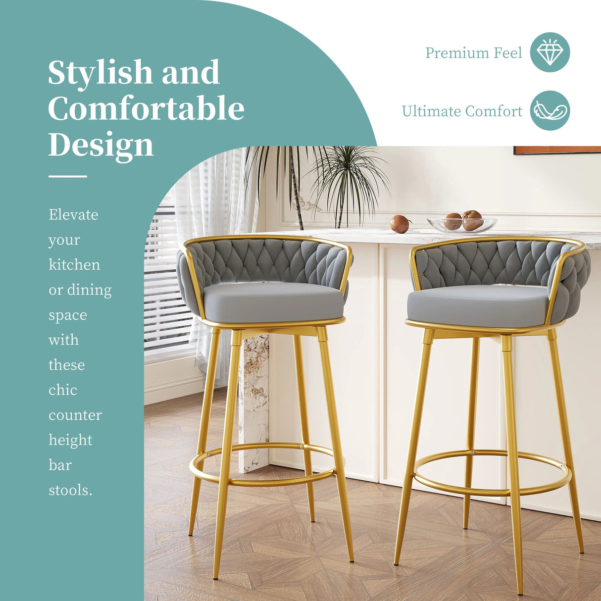 Bar Stools Set Of 2 Swivel Counter Height Gold Frame Grey - Furniture Home Direct
