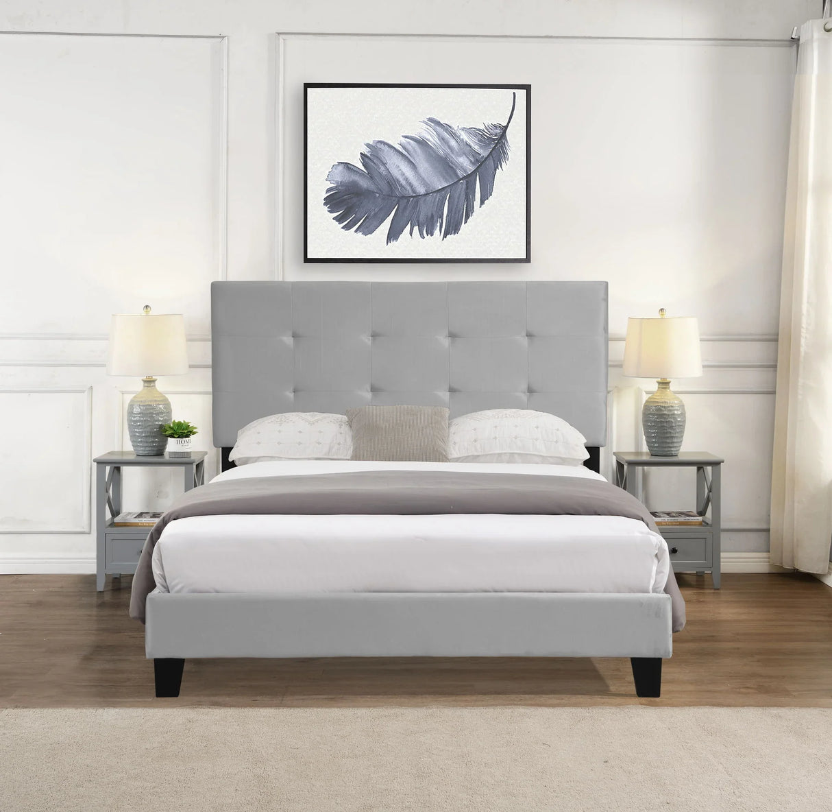 Full Size Upholstered Platform Bed Frame With Pull Point Tufted Headboard, Strong Wood Slat Support, Mattress Foundation, No Box Spring Needed - Gray - Furniture Home Direct