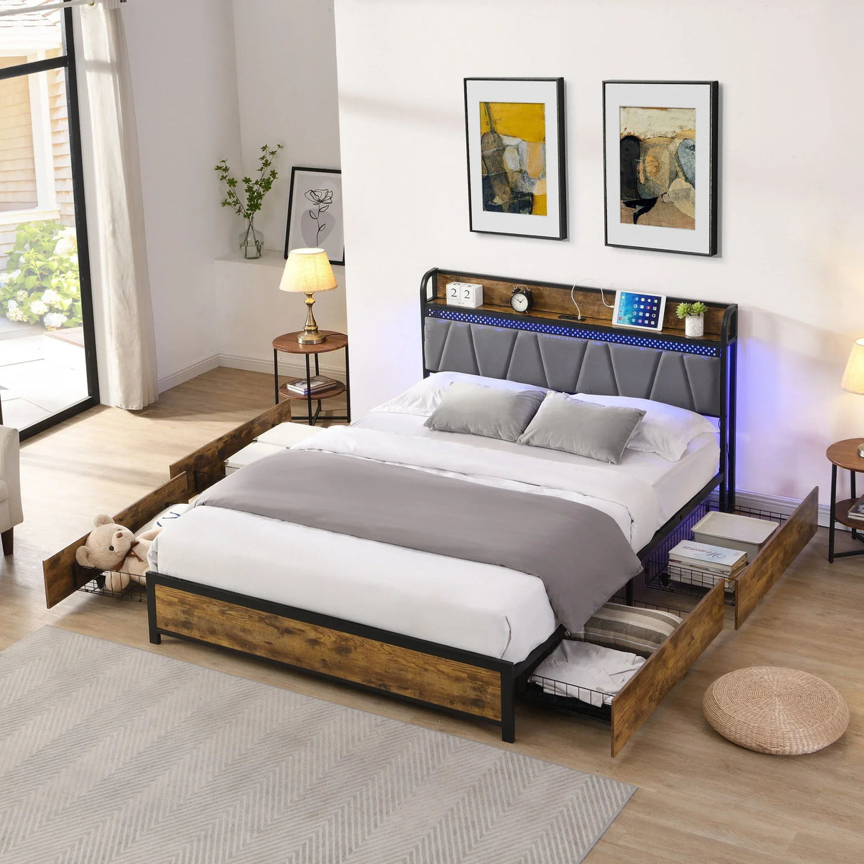 Contemporary Bed Frame With Storage Headboard, Charging Station, LED Lights - Furniture Home Direct
