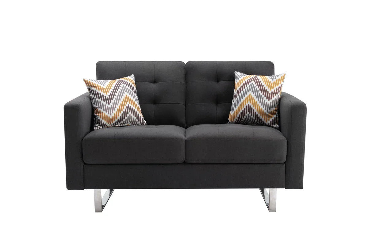 Victoria - Linen Fabric Loveseat With Metal Legs, Side Pockets, And Pillows - Furniture Home Direct